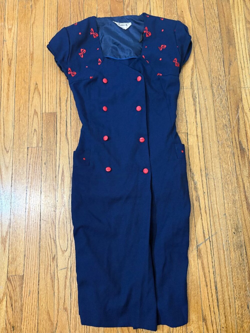 Vintage 50s Navy / Royal Blue Pinup Pencil Dress with Red Ornamental Details